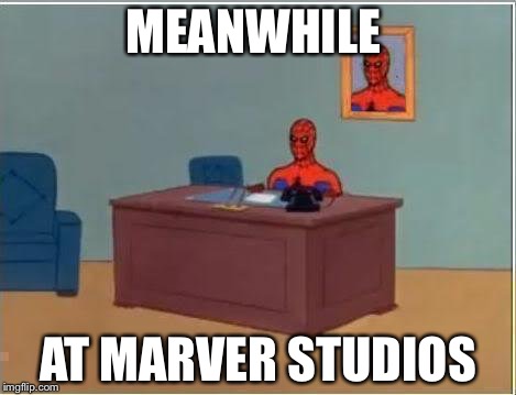 Spiderman Computer Desk | MEANWHILE; AT MARVER STUDIOS | image tagged in memes,spiderman computer desk,spiderman | made w/ Imgflip meme maker