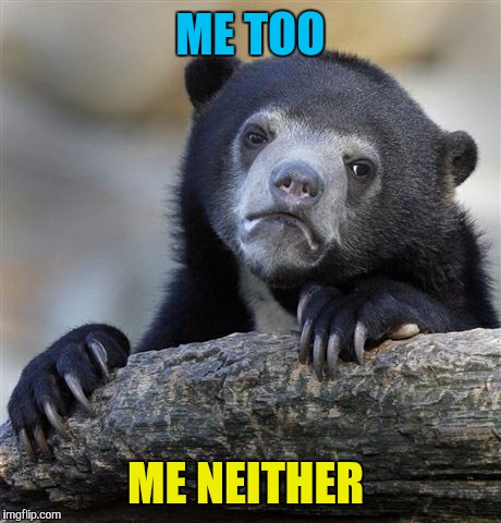 Confession Bear Meme | ME TOO ME NEITHER | image tagged in memes,confession bear | made w/ Imgflip meme maker