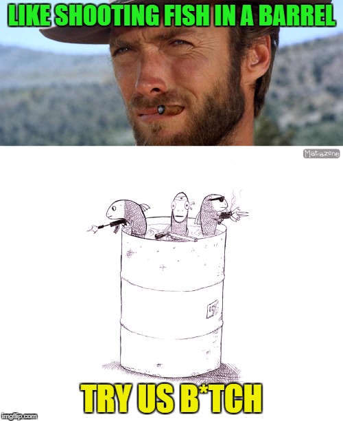 Dont underestimate evolution | LIKE SHOOTING FISH IN A BARREL; TRY US B*TCH | image tagged in funny,memes,cowboy,fail,clint eastwood,fish | made w/ Imgflip meme maker