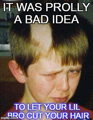 let lil bro cut hair | IT WAS PROLLY A BAD IDEA; TO LET YOUR LIL BRO CUT YOUR HAIR | image tagged in lil brother the barber | made w/ Imgflip meme maker
