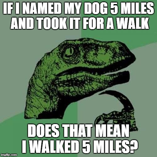 Philosoraptor | IF I NAMED MY DOG 5 MILES AND TOOK IT FOR A WALK; DOES THAT MEAN I WALKED 5 MILES? | image tagged in memes,philosoraptor | made w/ Imgflip meme maker