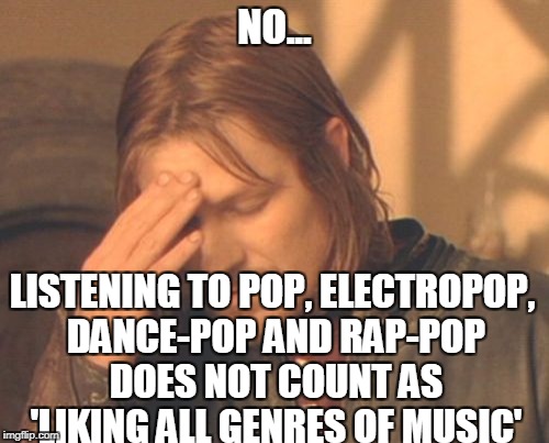 FFS... | NO... LISTENING TO POP, ELECTROPOP, DANCE-POP AND RAP-POP DOES NOT COUNT AS 'LIKING ALL GENRES OF MUSIC' | image tagged in memes,frustrated boromir,pop music,pop fans be like,diversity | made w/ Imgflip meme maker