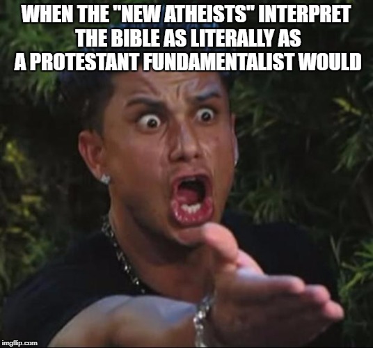 DJ Pauly D Meme | WHEN THE "NEW ATHEISTS" INTERPRET THE BIBLE AS LITERALLY AS A PROTESTANT FUNDAMENTALIST WOULD | image tagged in memes,dj pauly d,religion | made w/ Imgflip meme maker