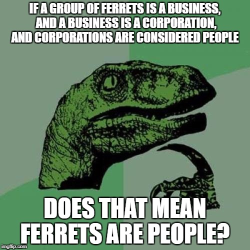 Philosoraptor Meme | IF A GROUP OF FERRETS IS A BUSINESS, AND A BUSINESS IS A CORPORATION, AND CORPORATIONS ARE CONSIDERED PEOPLE; DOES THAT MEAN FERRETS ARE PEOPLE? | image tagged in memes,philosoraptor | made w/ Imgflip meme maker