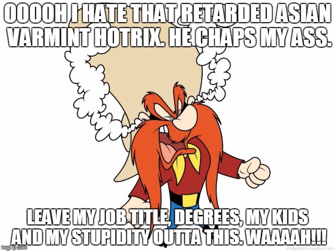 Yosemite Sam | OOOOH I HATE THAT RETARDED ASIAN VARMINT HOTRIX. HE CHAPS MY ASS. LEAVE MY JOB TITLE, DEGREES, MY KIDS AND MY STUPIDITY OUTTA THIS. WAAAAH!!! | image tagged in yosemite sam | made w/ Imgflip meme maker