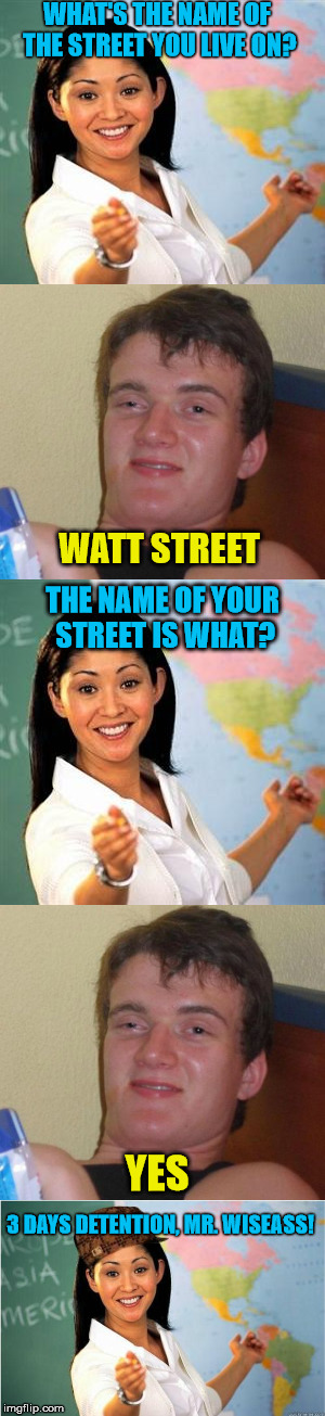 WHAT'S THE NAME OF THE STREET YOU LIVE ON? WATT STREET THE NAME OF YOUR STREET IS WHAT? YES 3 DAYS DETENTION, MR. WISEASS! | made w/ Imgflip meme maker