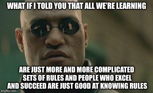 Matrix Morpheus Meme | WHAT IF I TOLD YOU THAT ALL WE’RE LEARNING ARE JUST MORE AND MORE COMPLICATED SETS OF RULES AND PEOPLE WHO EXCEL AND SUCCEED ARE JUST GOOD A | image tagged in memes,matrix morpheus | made w/ Imgflip meme maker