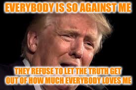 “Everybody agrees” “Most people agree” “Many people agree” “Good people agree” “Only traitors disagree” | EVERYBODY IS SO AGAINST ME; THEY REFUSE TO LET THE TRUTH GET OUT OF HOW MUCH EVERYBODY LOVES ME | image tagged in donald trump sad,trump,donald trump,dotard,sad,hypocrite | made w/ Imgflip meme maker