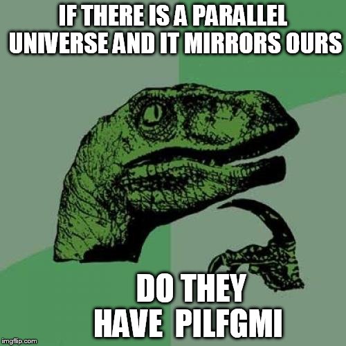 Philosoraptor Meme | IF THERE IS A PARALLEL UNIVERSE AND IT MIRRORS OURS; DO THEY     HAVE  PILFGMI | image tagged in memes,philosoraptor | made w/ Imgflip meme maker