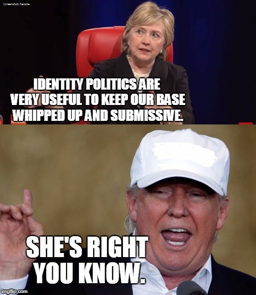 IDENTITY POLITICS ARE VERY USEFUL TO KEEP OUR BASE WHIPPED UP AND SUBMISSIVE. SHE'S RIGHT YOU KNOW. | made w/ Imgflip meme maker