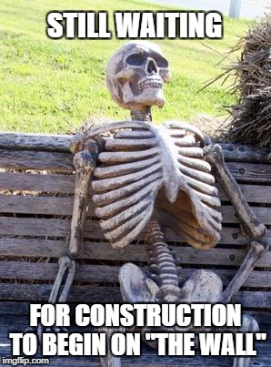 Waiting For Trump To Build That Wall | STILL WAITING; FOR CONSTRUCTION TO BEGIN ON "THE WALL" | image tagged in memes,waiting skeleton,trump,wall,mexico,immigration | made w/ Imgflip meme maker