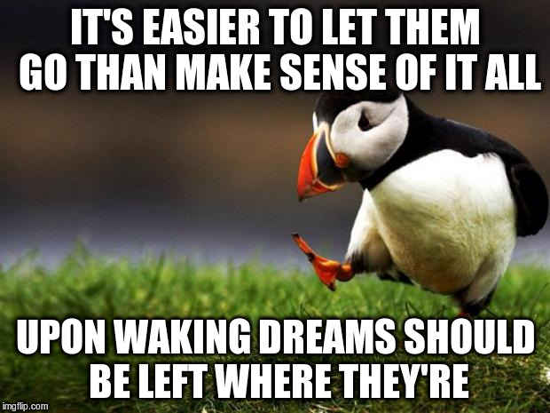 IT'S EASIER TO LET THEM GO THAN MAKE SENSE OF IT ALL UPON WAKING DREAMS SHOULD BE LEFT WHERE THEY'RE | made w/ Imgflip meme maker
