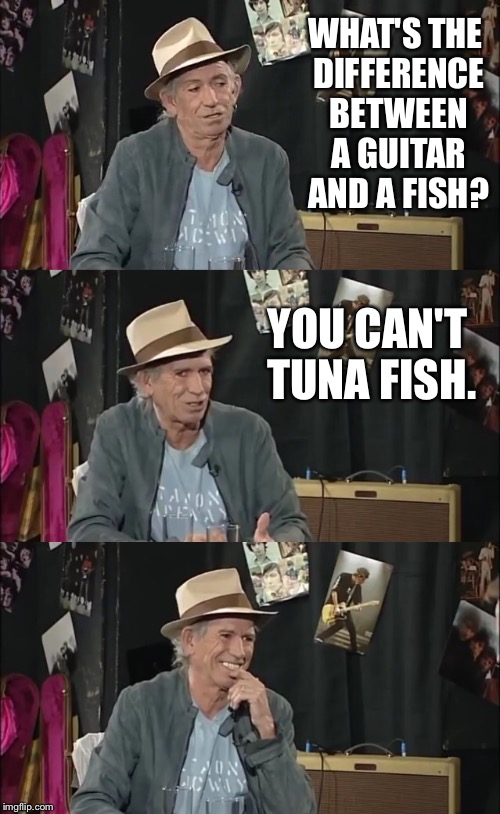 Bad Pun Keef Richards | WHAT'S THE DIFFERENCE BETWEEN A GUITAR AND A FISH? YOU CAN'T TUNA FISH. | image tagged in bad pun,keith richards,seafood,tuna,guitar | made w/ Imgflip meme maker