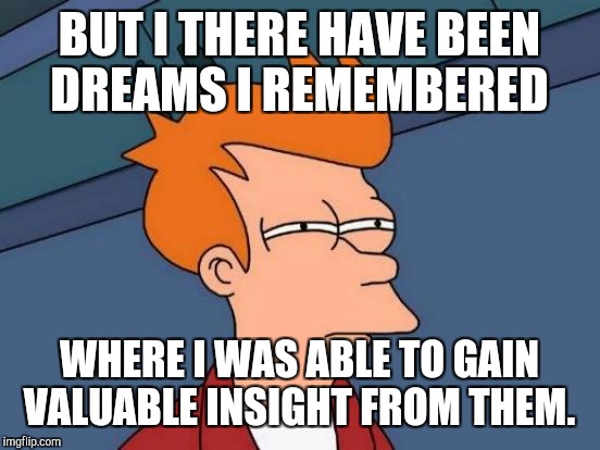 Futurama Fry Meme | BUT I THERE HAVE BEEN DREAMS I REMEMBERED WHERE I WAS ABLE TO GAIN VALUABLE INSIGHT FROM THEM. | image tagged in memes,futurama fry | made w/ Imgflip meme maker