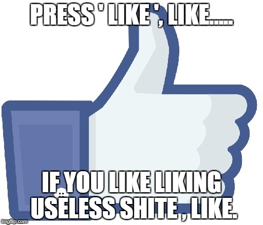 Facebook Like Button | PRESS ' LIKE ', LIKE..... IF YOU LIKE LIKING USELESS SHITE , LIKE. | image tagged in facebook like button | made w/ Imgflip meme maker