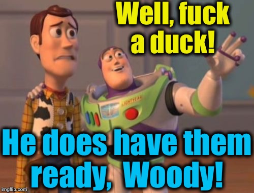X, X Everywhere Meme | Well, f**k a duck! He does have them ready,  Woody! | image tagged in memes,x x everywhere | made w/ Imgflip meme maker