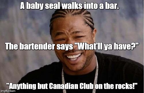 Yo Dawg Heard You Meme | A baby seal walks into a bar. "Anything but Canadian Club on the rocks!" The bartender says "What'll ya have?" | image tagged in memes,yo dawg heard you | made w/ Imgflip meme maker