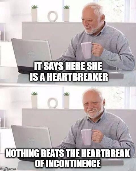 IT SAYS HERE SHE IS A HEARTBREAKER; NOTHING BEATS THE HEARTBREAK OF INCONTINENCE | image tagged in hide the pain harold,heartbreak,incontinence | made w/ Imgflip meme maker