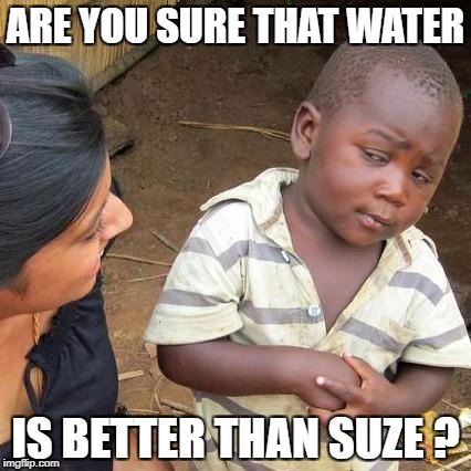 Third World Skeptical Kid | ARE YOU SURE THAT WATER; IS BETTER THAN SUZE ? | image tagged in memes,third world skeptical kid | made w/ Imgflip meme maker