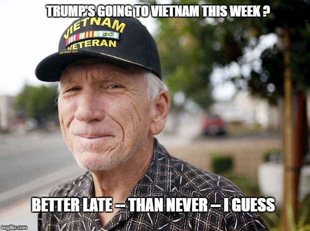  TRUMP'S GOING TO VIETNAM THIS WEEK ? BETTER LATE -- THAN NEVER -- I GUESS | image tagged in military week,donald trump,president trump | made w/ Imgflip meme maker