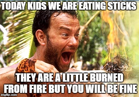 Castaway Fire | TODAY KIDS WE ARE EATING STICKS; THEY ARE A LITTLE BURNED FROM FIRE BUT YOU WILL BE FINE | image tagged in memes,castaway fire | made w/ Imgflip meme maker