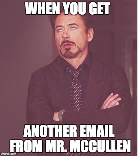 Face You Make Robert Downey Jr Meme | WHEN YOU GET; ANOTHER EMAIL FROM MR. MCCULLEN | image tagged in memes,face you make robert downey jr | made w/ Imgflip meme maker
