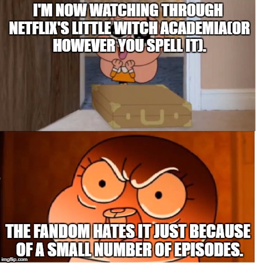 This Just In: Raw and Sub anime fans ruin the dub...again. | I'M NOW WATCHING THROUGH NETFLIX'S LITTLE WITCH ACADEMIA(OR HOWEVER YOU SPELL IT). THE FANDOM HATES IT JUST BECAUSE OF A SMALL NUMBER OF EPISODES. | image tagged in gumball - anais false hope meme | made w/ Imgflip meme maker
