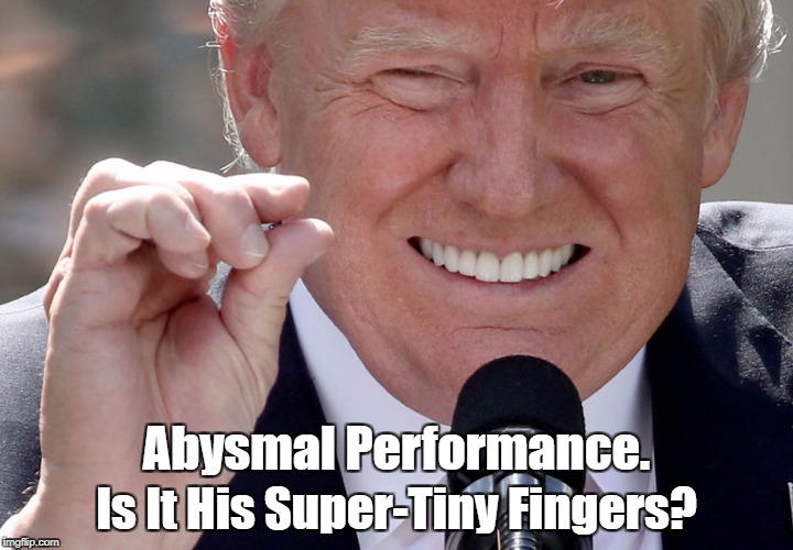 Trump's Performance And His Super-Tiny Fingers | Abysmal Performance. Is It His Super-Tiny Fingers? | image tagged in deplorable donald,despicable donald,deviouis donald,dishonorable donald,despotic donald,dishonest donald | made w/ Imgflip meme maker