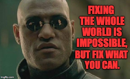 Matrix Morpheus Meme | FIXING THE WHOLE WORLD IS IMPOSSIBLE, BUT FIX WHAT YOU CAN. | image tagged in memes,matrix morpheus | made w/ Imgflip meme maker