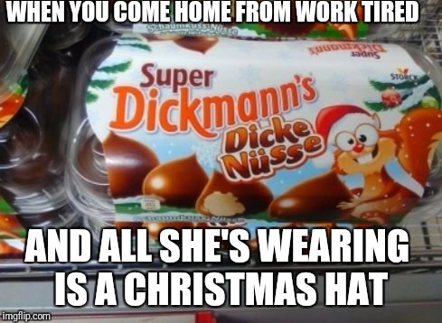 FYI, Dicke Nusse is German for "Fat Nuts" | WHEN YOU COME HOME FROM WORK TIRED; AND ALL SHE'S WEARING IS A CHRISTMAS HAT | image tagged in memes,confession bear,overly attached girlfriend | made w/ Imgflip meme maker