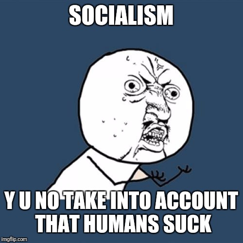 Socialism expects people to behave and do their part. Look around, are the people around you behaving and doing their part? | SOCIALISM; Y U NO TAKE INTO ACCOUNT THAT HUMANS SUCK | image tagged in memes,y u no | made w/ Imgflip meme maker