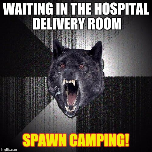 Insanity Wolf | WAITING IN THE HOSPITAL DELIVERY ROOM; SPAWN CAMPING! | image tagged in memes,insanity wolf | made w/ Imgflip meme maker