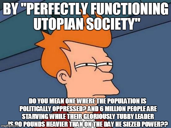 Futurama Fry Meme | BY ''PERFECTLY FUNCTIONING UTOPIAN SOCIETY'' DO YOU MEAN ONE WHERE THE POPULATION IS POLITICALLY OPPRESSED? AND 6 MILLION PEOPLE ARE STARVIN | image tagged in memes,futurama fry | made w/ Imgflip meme maker