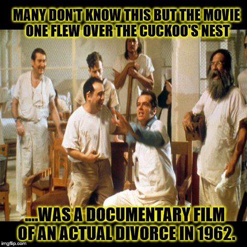 MANY DON'T KNOW THIS BUT THE MOVIE ONE FLEW OVER THE CUCKOO'S NEST; ....WAS A DOCUMENTARY FILM OF AN ACTUAL DIVORCE IN 1962. | image tagged in divorce | made w/ Imgflip meme maker