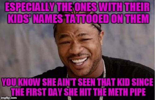 Yo Dawg Heard You Meme | ESPECIALLY THE ONES WITH THEIR KIDS' NAMES TATTOOED ON THEM YOU KNOW SHE AIN'T SEEN THAT KID SINCE THE FIRST DAY SHE HIT THE METH PIPE | image tagged in memes,yo dawg heard you | made w/ Imgflip meme maker