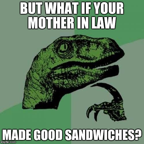 Philosoraptor Meme | BUT WHAT IF YOUR MOTHER IN LAW MADE GOOD SANDWICHES? | image tagged in memes,philosoraptor | made w/ Imgflip meme maker