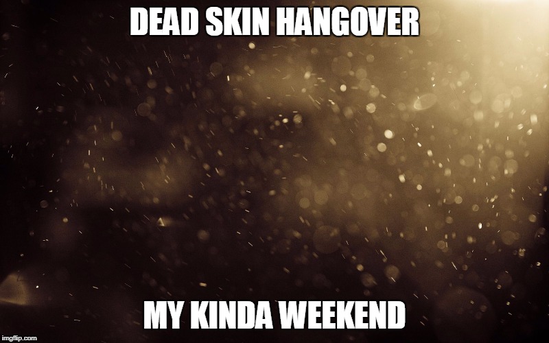 dusty | DEAD SKIN HANGOVER; MY KINDA WEEKEND | image tagged in hangover | made w/ Imgflip meme maker
