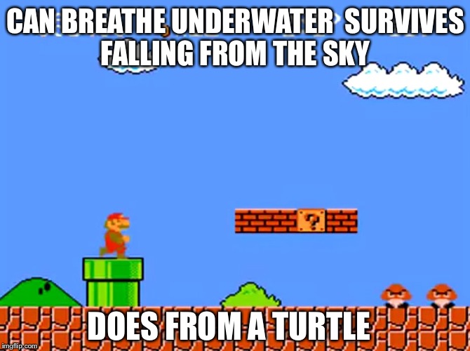 Super Mario bros classic | CAN BREATHE UNDERWATER 
SURVIVES FALLING FROM THE SKY; DOES FROM A TURTLE | image tagged in super mario bros classic | made w/ Imgflip meme maker