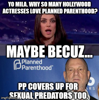 YO MILA. WHY SO MANY HOLLYWOOD ACTRESSES LOVE PLANNED PARENTHOOD? MAYBE BECUZ... PP COVERS UP FOR SEXUAL PREDATORS TOO. | image tagged in mila kunis,planned parenthood,harvey weinstein | made w/ Imgflip meme maker