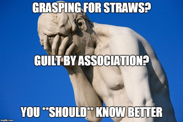 face palm statue | GRASPING FOR STRAWS? YOU **SHOULD** KNOW BETTER GUILT BY ASSOCIATION? | image tagged in face palm statue | made w/ Imgflip meme maker