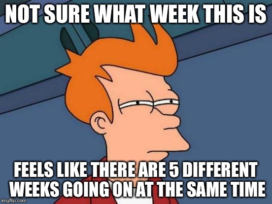 Is it me? Or is it just the Daylight Savings time? | NOT SURE WHAT WEEK THIS IS; FEELS LIKE THERE ARE 5 DIFFERENT WEEKS GOING ON AT THE SAME TIME | image tagged in memes,futurama fry | made w/ Imgflip meme maker