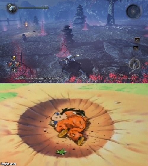 Who did it best? | image tagged in nioh,dark souls,yamcha dead,dragon ball z,video games | made w/ Imgflip meme maker