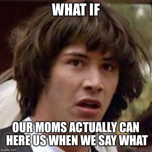 Conspiracy Keanu Meme | WHAT IF; OUR MOMS ACTUALLY CAN HERE US WHEN WE SAY WHAT | image tagged in memes,conspiracy keanu | made w/ Imgflip meme maker