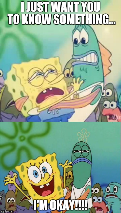 Know something... |  I JUST WANT YOU TO KNOW SOMETHING... I'M OKAY!!!! | image tagged in memes,spongebob | made w/ Imgflip meme maker