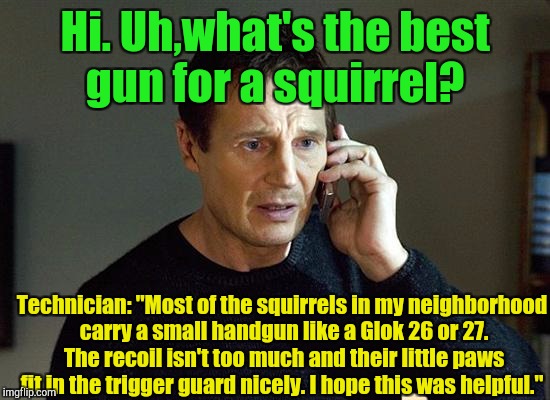 When you ask for advice a get the resident wise ass.  | Hi. Uh,what's the best gun for a squirrel? Technician: "Most of the squirrels in my neighborhood carry a small handgun like a Glok 26 or 27. The recoil isn't too much and their little paws fit in the trigger guard nicely. I hope this was helpful." | image tagged in memes,liam neeson taken 2,guns,squirrel,hunting | made w/ Imgflip meme maker