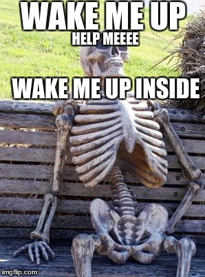 Waiting Skeleton Meme | WAKE ME UP; WAKE ME UP INSIDE; HELP MEEEE | image tagged in memes,waiting skeleton | made w/ Imgflip meme maker