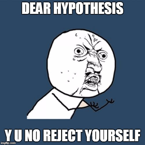 Y U No Meme | DEAR HYPOTHESIS; Y U NO REJECT YOURSELF | image tagged in memes,y u no | made w/ Imgflip meme maker