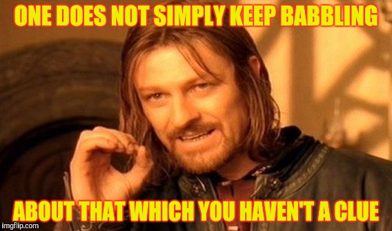 One Does Not Simply Meme | ONE DOES NOT SIMPLY KEEP BABBLING; ABOUT THAT WHICH YOU HAVEN'T A CLUE | image tagged in memes,one does not simply | made w/ Imgflip meme maker