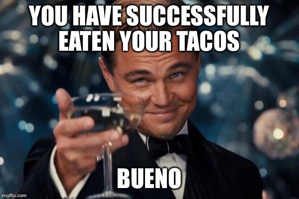 Leonardo Dicaprio Cheers | YOU HAVE SUCCESSFULLY EATEN YOUR TACOS; BUENO | image tagged in memes,leonardo dicaprio cheers | made w/ Imgflip meme maker