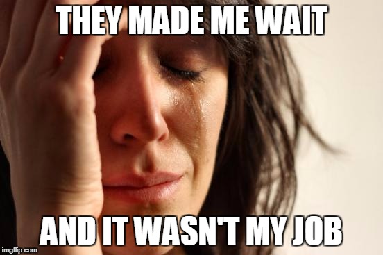 First World Problems Meme | THEY MADE ME WAIT AND IT WASN'T MY JOB | image tagged in memes,first world problems | made w/ Imgflip meme maker